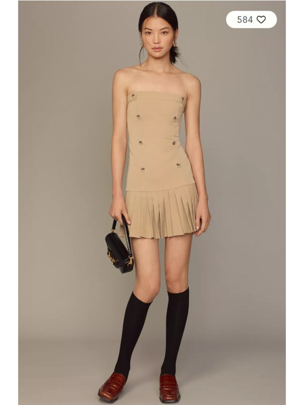 Anthropologie FLAT WHITE Strapless Pleated Mini Dress in Beige Tan L NWT $138